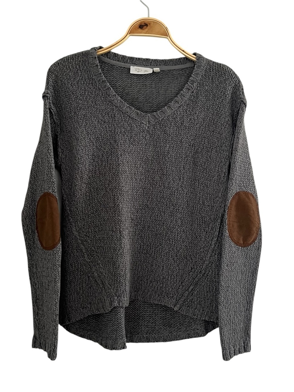 RD Style Sz S Charcoal Heathered Gray V-Neck Sweater with Brown Elbow Patches